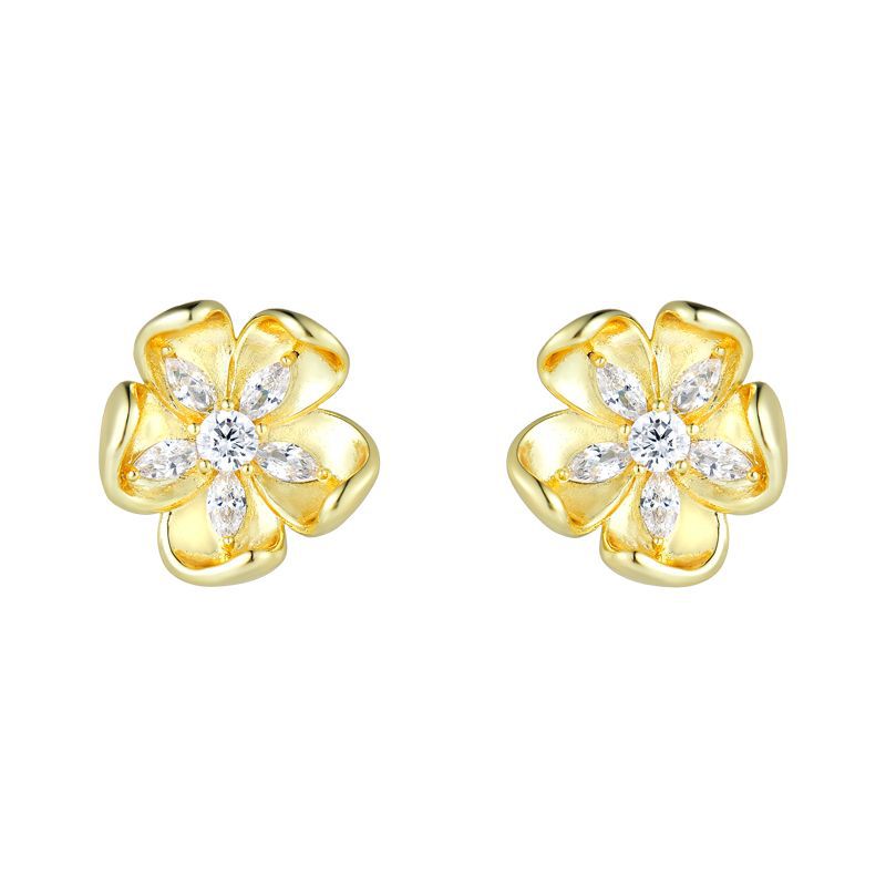 925 Silver Needle Flower Heart Flower Stamen Flower Cap Flower Holder French Retro Atmosphere Stereo Golden Flower Zircon Earrings Earrings