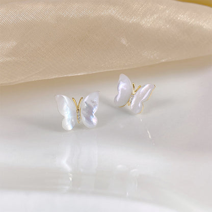 S925 Silver Needle Ear Studs Women's White Bei Butterfly High-end Earrings Natural Mother-shell Elegant Light Luxury Fairy Butterfly Summer Fresh