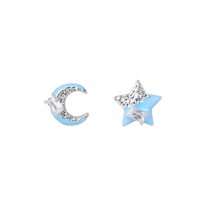 Blue Star and Moon Embracing Pleated Earrings, Fashionable Elegant Earrings, 925 Sterling Silver Needle Earrings, Accessible Luxury and High-End Sense