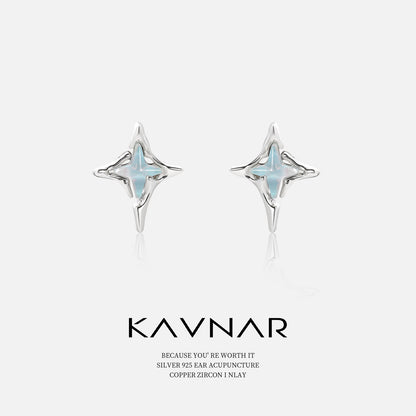 Ins Style Four-Pointed Star Blue Mocha Crystal Earrings Fashionable Elegant Earrings 925 Sterling Silver Needle Earrings Accessible Luxury and High-End Sense