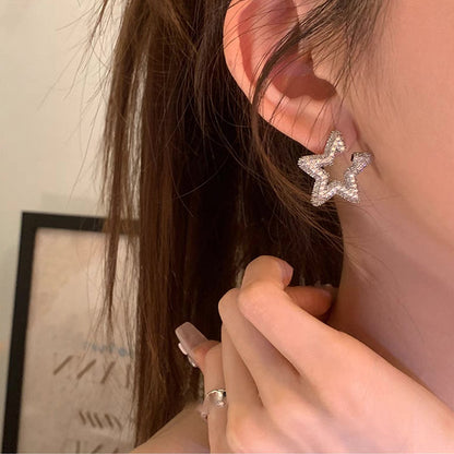 Full Diamond Pentagonal Star Stud Earrings for Women Light Luxury Niche Vintage Cool Simple All-match Elegant Fashion Earrings Earrings