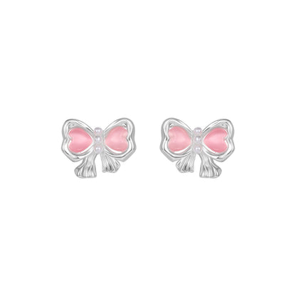 Sweet and Exquisite Pink Cat's Eye Stone Bow Earrings, Fashionable and Elegant Earrings, 925 Sterling Silver Needle Earrings, Accessible Luxury Women