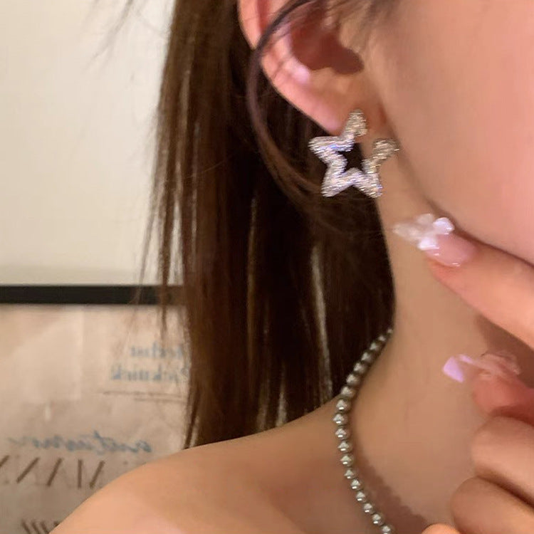 Full Diamond Pentagonal Star Stud Earrings for Women Light Luxury Niche Vintage Cool Simple All-match Elegant Fashion Earrings Earrings