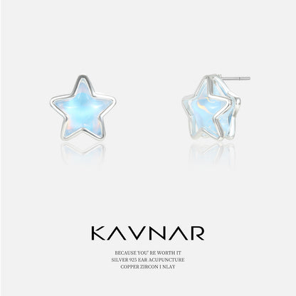 light blue Mocha Crystal Five-pointed Star Earrings 925 Sterling Silver Pin Fashion Elegant Earrings Niche High-end Earrings for Women