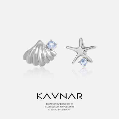 Ocean Style Sterling Silver Earrings Metal Starfish Shell Earrings Light Luxury High-end Summer Blue Crystal Earrings 925