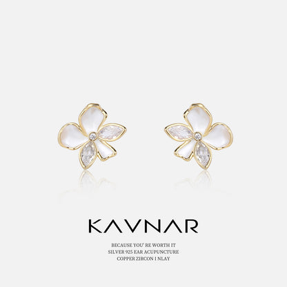 Minimalist Painted Flower Stud Earrings Korean and Japanese Exquisite Fashion Temperament Earrings 925 Sterling Silver Needle Earrings Light Luxury High-End