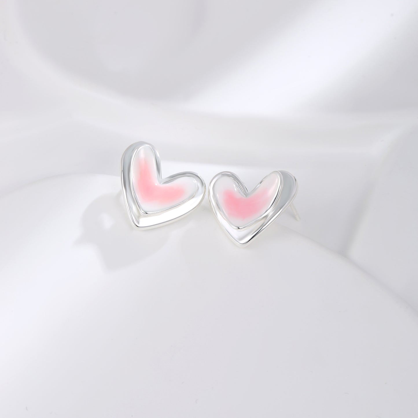 Small fresh pink white double-layer love earrings 925 sterling silver pin fashion temperament earrings light luxury high-end earrings