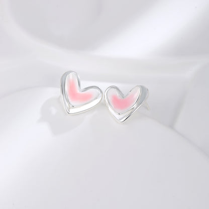 Small fresh pink white double-layer love earrings 925 sterling silver pin fashion temperament earrings light luxury high-end earrings