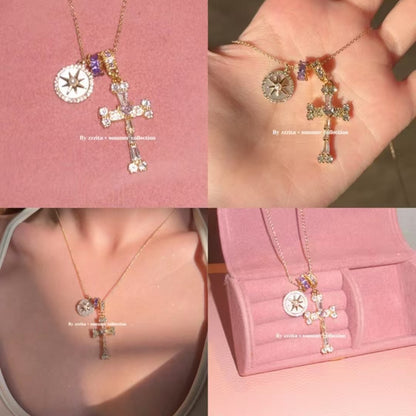 Cross-Border Popular Fearless Heart·Fearless Star~Sparkling Diamond Eight-Pointed Star Purple Cross Necklace