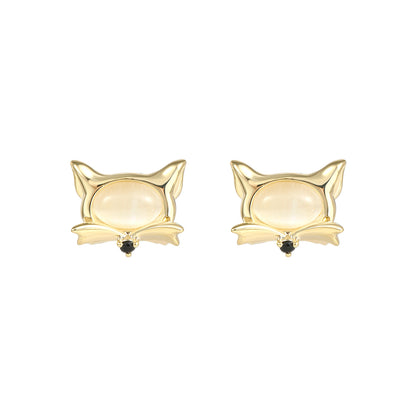 Cute Little Fox White Cat's Eye Stone Earrings 925 Silver Needle Fashion Elegant Earrings Niche High-end Women's Earrings
