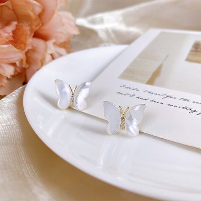 S925 Silver Needle Ear Studs Women's White Bei Butterfly High-end Earrings Natural Mother-shell Elegant Light Luxury Fairy Butterfly Summer Fresh