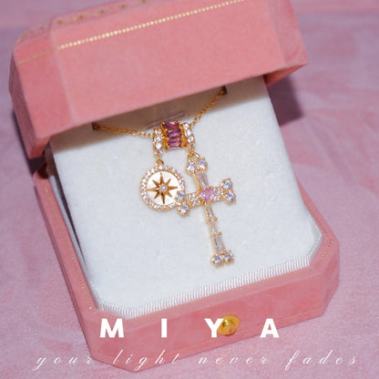 Cross-Border Popular Fearless Heart·Fearless Star~Sparkling Diamond Eight-Pointed Star Purple Cross Necklace