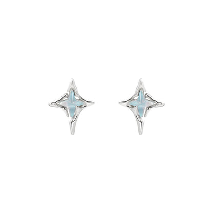 Ins Style Four-Pointed Star Blue Mocha Crystal Earrings Fashionable Elegant Earrings 925 Sterling Silver Needle Earrings Accessible Luxury and High-End Sense