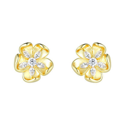 925 Silver Needle Flower Heart Flower Stamen Flower Cap Flower Holder French Retro Atmosphere Stereo Golden Flower Zircon Earrings Earrings
