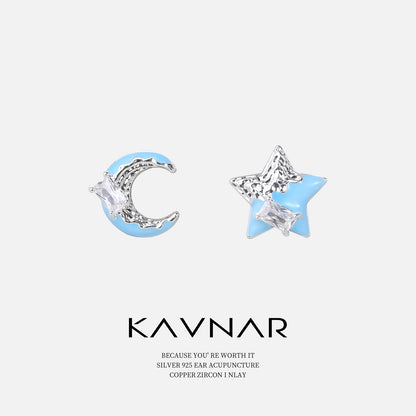 Blue Star and Moon Embracing Pleated Earrings, Fashionable Elegant Earrings, 925 Sterling Silver Needle Earrings, Accessible Luxury and High-End Sense
