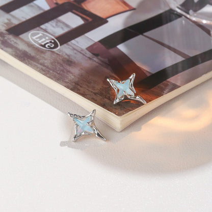 Ins Style Four-Pointed Star Blue Mocha Crystal Earrings Fashionable Elegant Earrings 925 Sterling Silver Needle Earrings Accessible Luxury and High-End Sense