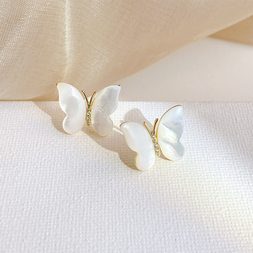 S925 Silver Needle Ear Studs Women's White Bei Butterfly High-end Earrings Natural Mother-shell Elegant Light Luxury Fairy Butterfly Summer Fresh
