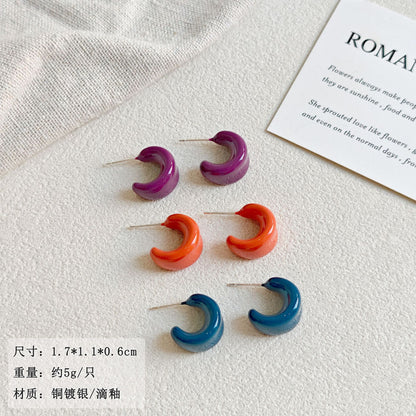 Ins Style Dopamine Colorful Enamel Drip Glaze C-Shaped Wide Earrings for Women, Fashionable and Versatile, Simple and Personalized Earrings