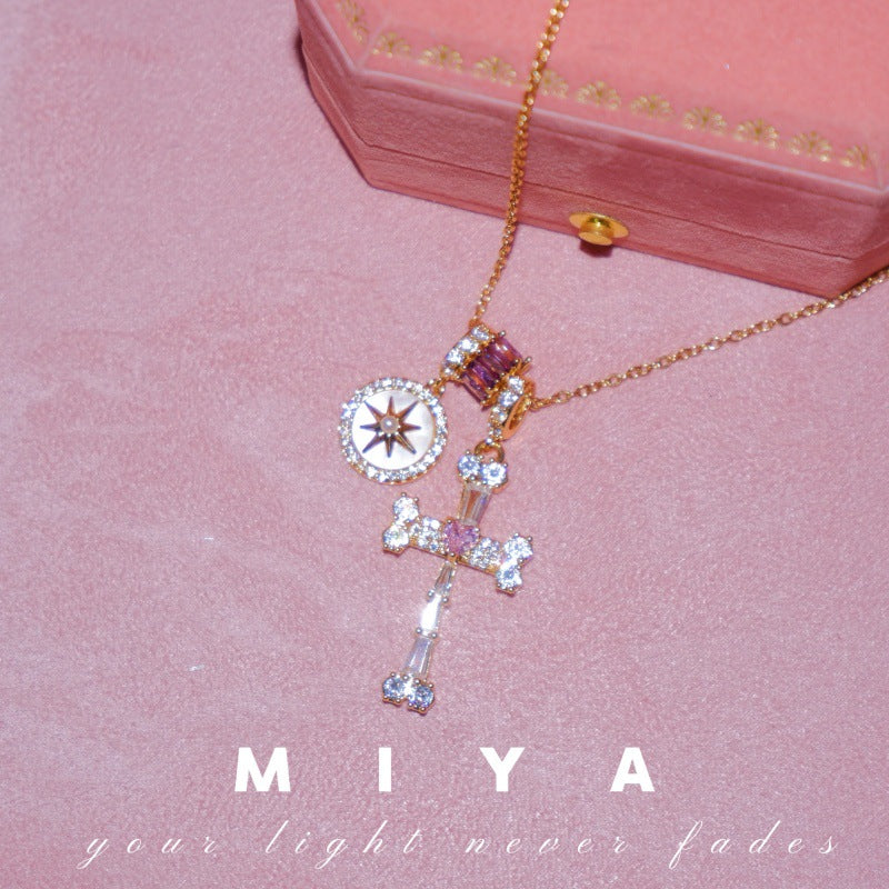 Cross-Border Popular Fearless Heart·Fearless Star~Sparkling Diamond Eight-Pointed Star Purple Cross Necklace