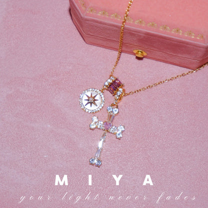 Cross-Border Popular Fearless Heart·Fearless Star~Sparkling Diamond Eight-Pointed Star Purple Cross Necklace