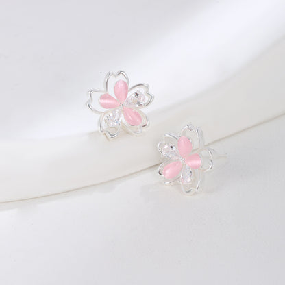 Cat's Eye Peach Blossom Stud Earrings 925 Sterling Silver Fashionable and Elegant Niche High-End Earrings for Women
