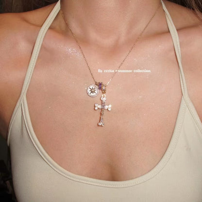Cross-Border Popular Fearless Heart·Fearless Star~Sparkling Diamond Eight-Pointed Star Purple Cross Necklace