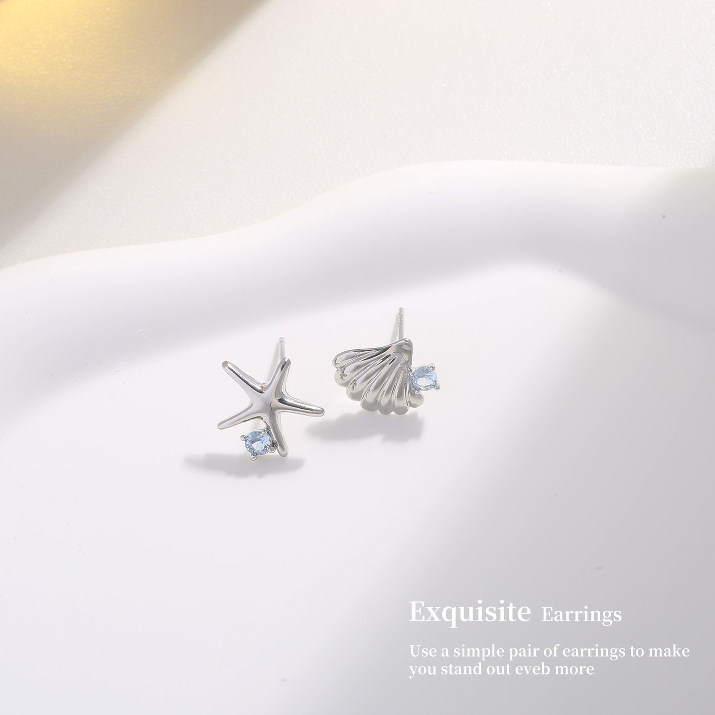 Ocean Style Sterling Silver Earrings Metal Starfish Shell Earrings Light Luxury High-end Summer Blue Crystal Earrings 925
