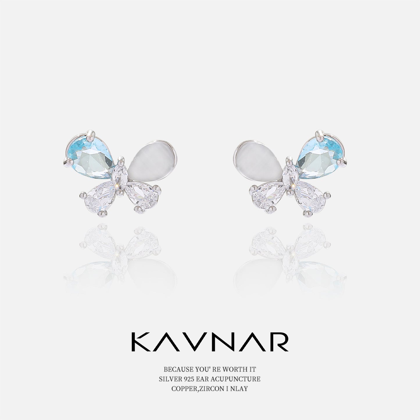 Light Sea Blue Zircon Butterfly Sterling Silver Earrings White Cat Eye Earrings S925 Silver Needle Jewelry Earrings High-End Summer Women