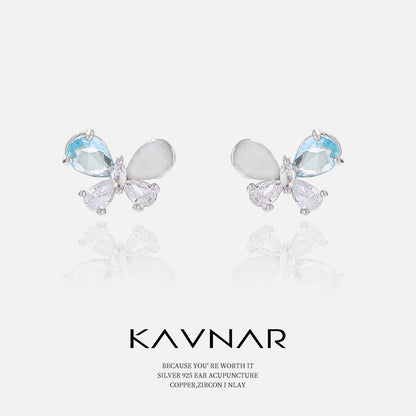 Light Sea Blue Zircon Butterfly Sterling Silver Earrings White Cat Eye Earrings S925 Silver Needle Jewelry Earrings High-End Summer Women