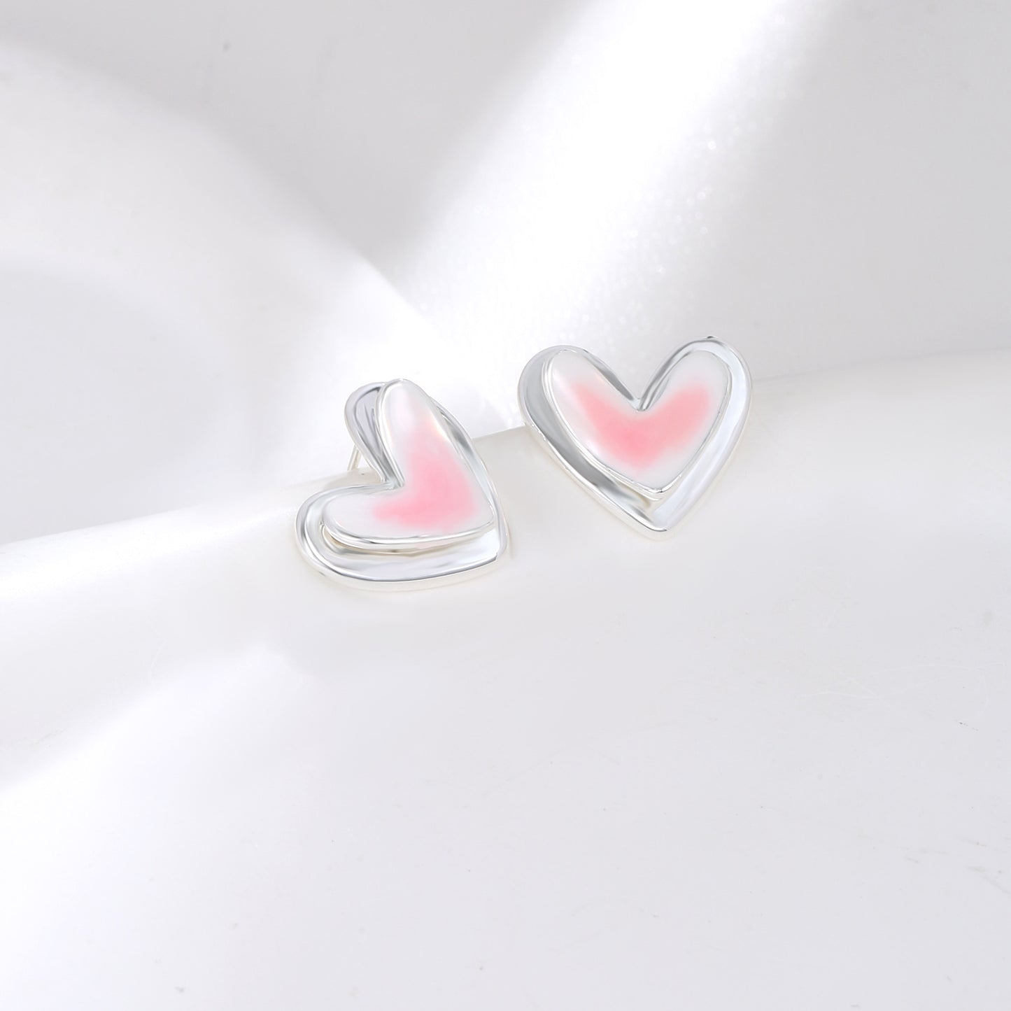 Small fresh pink white double-layer love earrings 925 sterling silver pin fashion temperament earrings light luxury high-end earrings