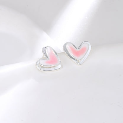 Small fresh pink white double-layer love earrings 925 sterling silver pin fashion temperament earrings light luxury high-end earrings