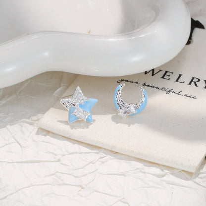 Blue Star and Moon Embracing Pleated Earrings, Fashionable Elegant Earrings, 925 Sterling Silver Needle Earrings, Accessible Luxury and High-End Sense
