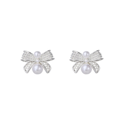 Hollow Bow Silver-Plated Pearl Earrings, Fashionable Elegant Earrings, 925 Sterling Silver Needle Earrings, Accessible Luxury and High-End Sense for Women