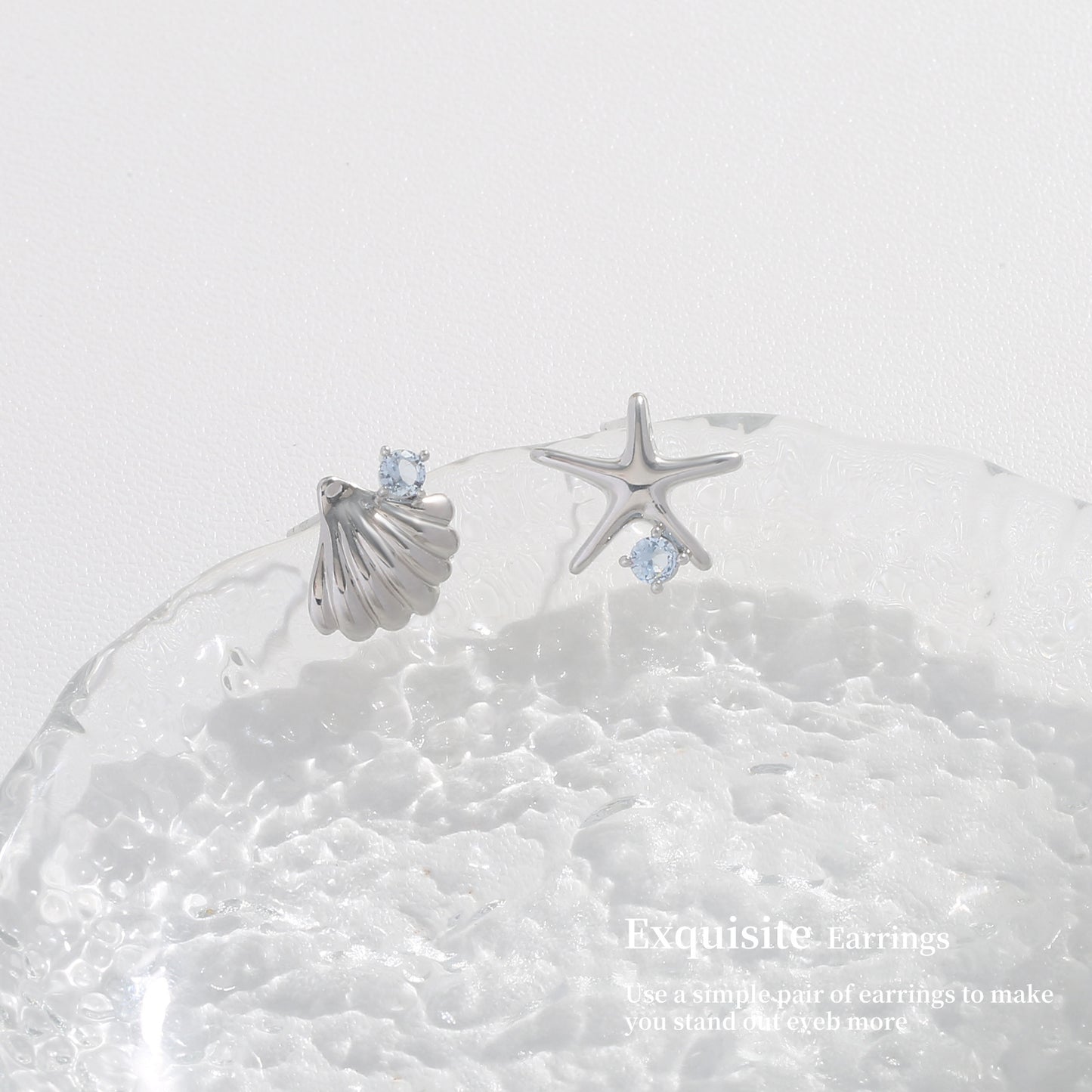 Ocean Style Sterling Silver Earrings Metal Starfish Shell Earrings Light Luxury High-end Summer Blue Crystal Earrings 925
