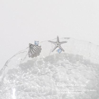 Ocean Style Sterling Silver Earrings Metal Starfish Shell Earrings Light Luxury High-end Summer Blue Crystal Earrings 925