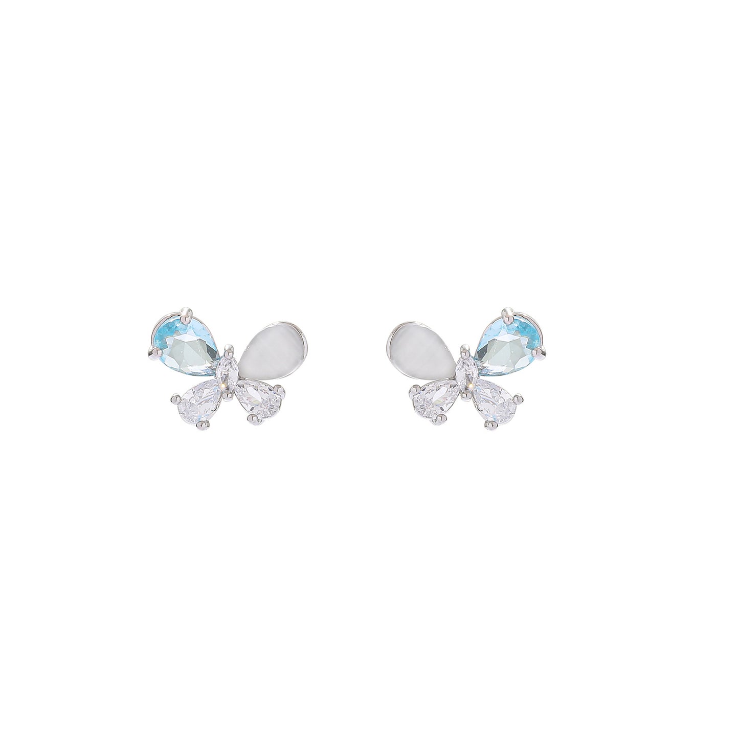 Light Sea Blue Zircon Butterfly Sterling Silver Earrings White Cat Eye Earrings S925 Silver Needle Jewelry Earrings High-End Summer Women