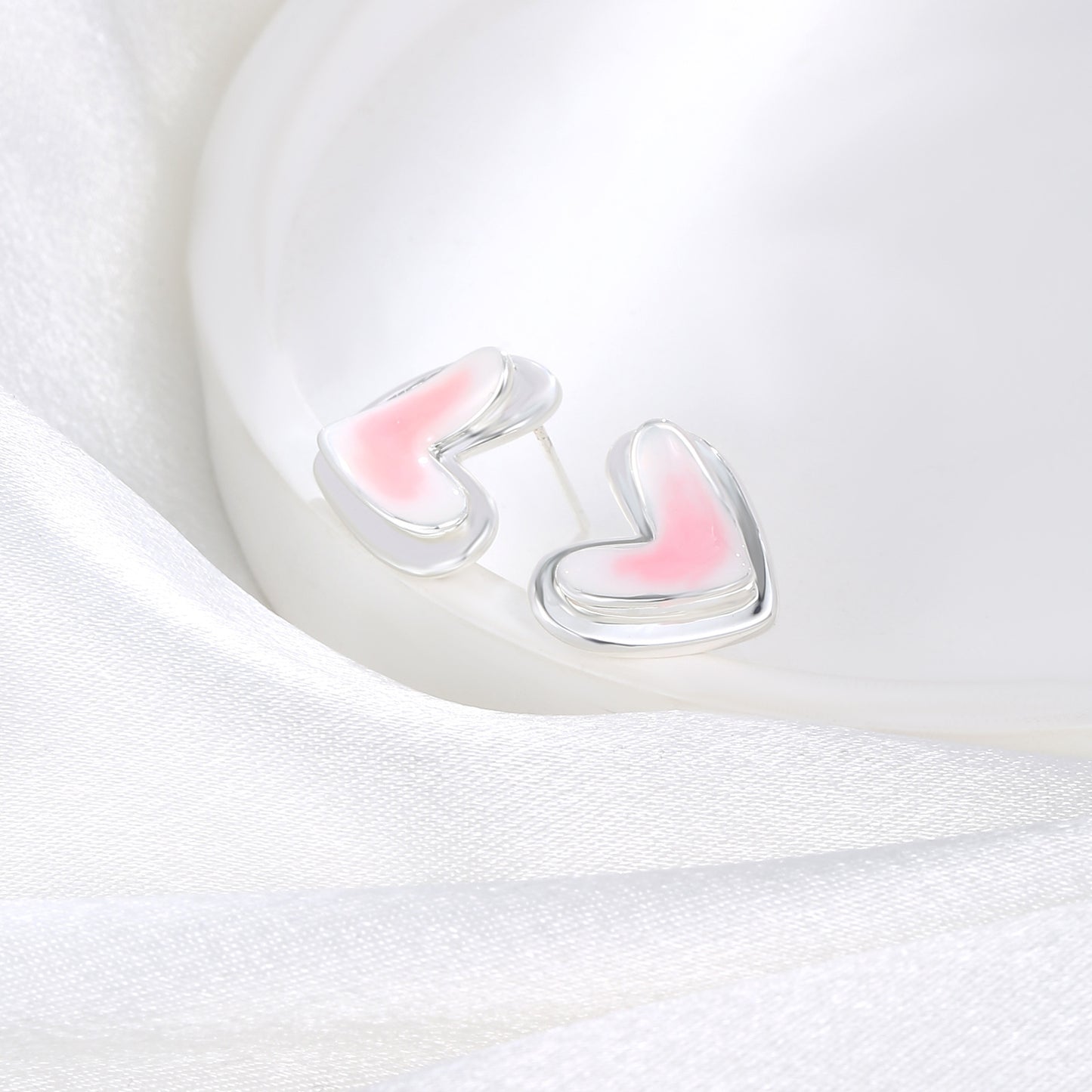 Small fresh pink white double-layer love earrings 925 sterling silver pin fashion temperament earrings light luxury high-end earrings