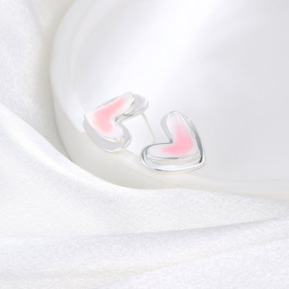 Small fresh pink white double-layer love earrings 925 sterling silver pin fashion temperament earrings light luxury high-end earrings