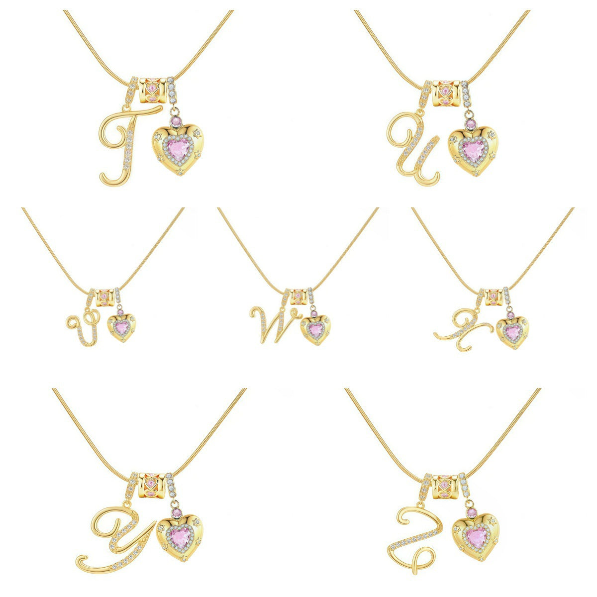 Kindergarten Popular Model, Douyin Internet Celebrity Model, Zircon Heart Letter Necklace, Full Set of Stainless Steel Chain, High Color