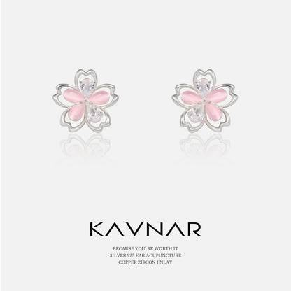 Cat's Eye Peach Blossom Stud Earrings 925 Sterling Silver Fashionable and Elegant Niche High-End Earrings for Women