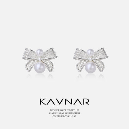Hollow Bow Silver-Plated Pearl Earrings, Fashionable Elegant Earrings, 925 Sterling Silver Needle Earrings, Accessible Luxury and High-End Sense for Women