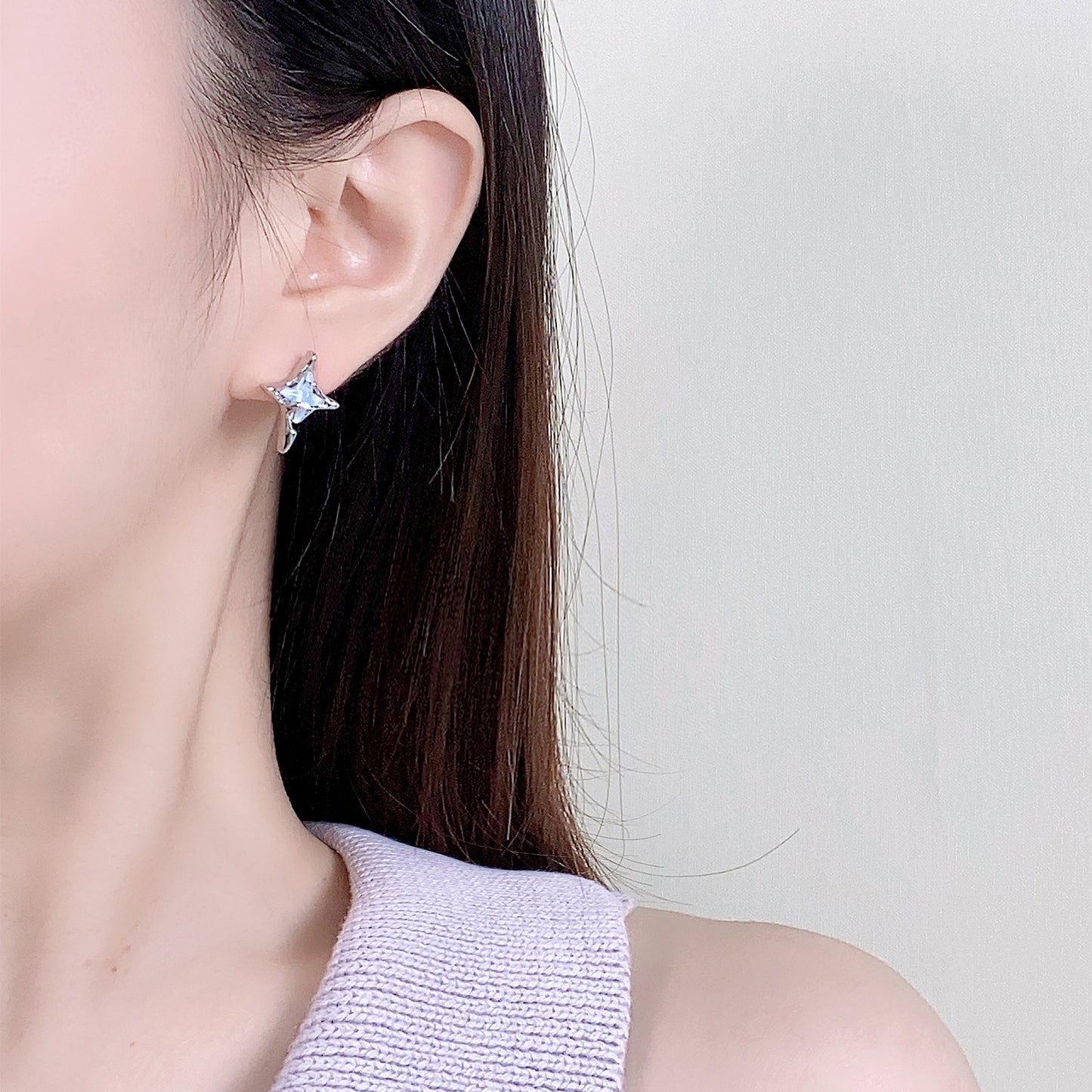 Ins Style Four-Pointed Star Blue Mocha Crystal Earrings Fashionable Elegant Earrings 925 Sterling Silver Needle Earrings Accessible Luxury and High-End Sense