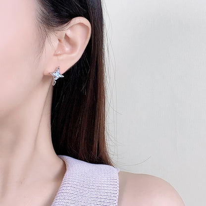 Ins Style Four-Pointed Star Blue Mocha Crystal Earrings Fashionable Elegant Earrings 925 Sterling Silver Needle Earrings Accessible Luxury and High-End Sense