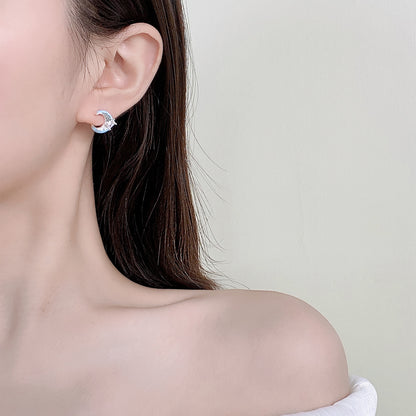 Blue Star and Moon Embracing Pleated Earrings, Fashionable Elegant Earrings, 925 Sterling Silver Needle Earrings, Accessible Luxury and High-End Sense