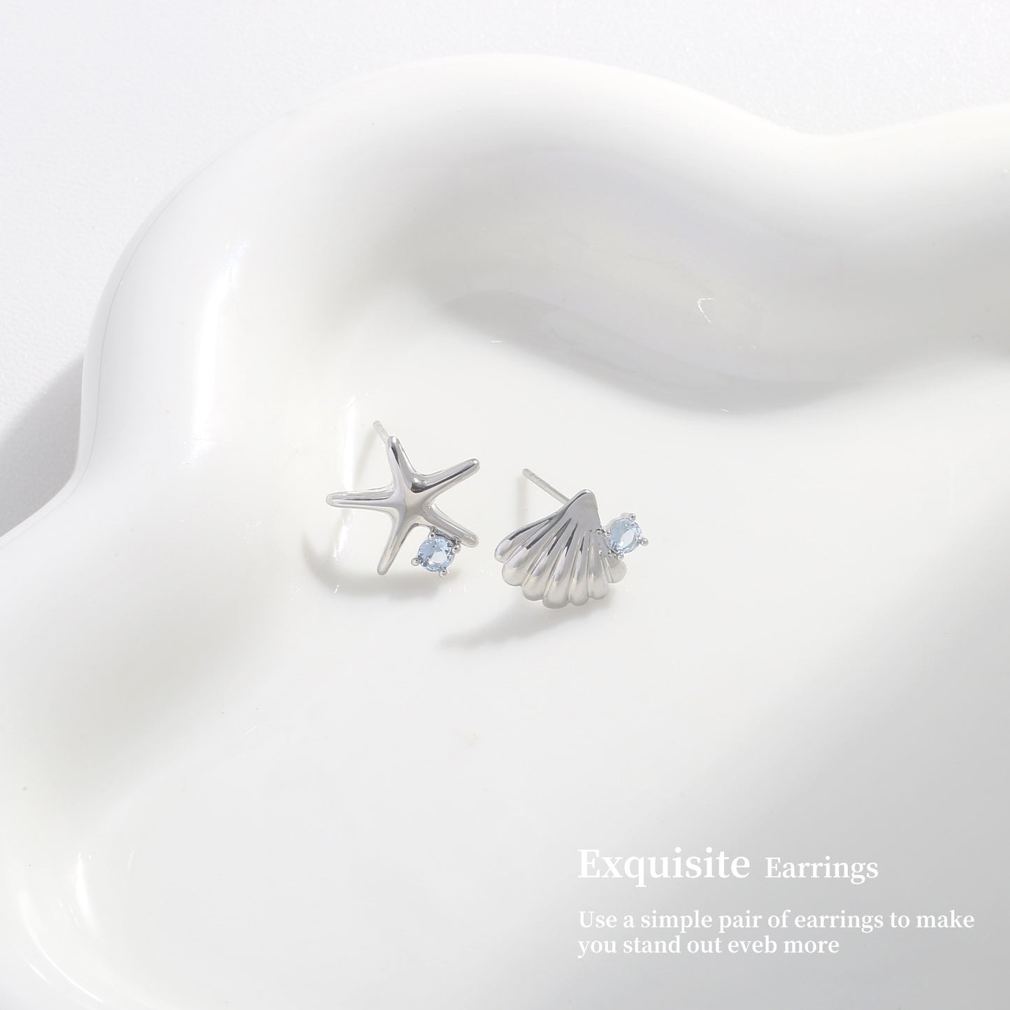 Ocean Style Sterling Silver Earrings Metal Starfish Shell Earrings Light Luxury High-end Summer Blue Crystal Earrings 925