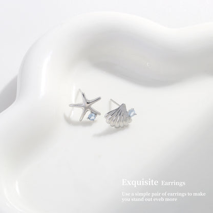 Ocean Style Sterling Silver Earrings Metal Starfish Shell Earrings Light Luxury High-end Summer Blue Crystal Earrings 925