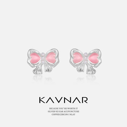 Sweet and Exquisite Pink Cat's Eye Stone Bow Earrings, Fashionable and Elegant Earrings, 925 Sterling Silver Needle Earrings, Accessible Luxury Women