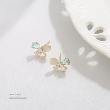 Light Sea Blue Zircon Butterfly Sterling Silver Earrings White Cat Eye Earrings S925 Silver Needle Jewelry Earrings High-End Summer Women