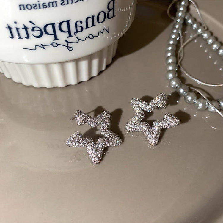 Full Diamond Pentagonal Star Stud Earrings for Women Light Luxury Niche Vintage Cool Simple All-match Elegant Fashion Earrings Earrings