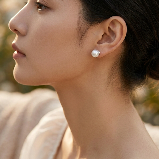 Minimalist pearl earrings worn on model ear